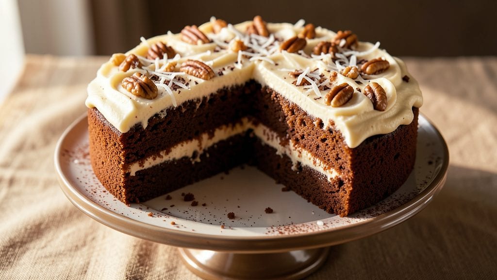 Baker's German Chocolate Cake With Coconut Pecan Frosting Recipe: Decadent Layers of Moist Cake and Nutty-Sweet Glaze